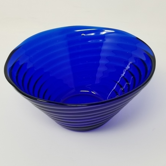 Vintage Cobalt Blue Swirl Bowl Concentric Rings Textured Optic Glass Serving Bow - Picture 2 of 8
